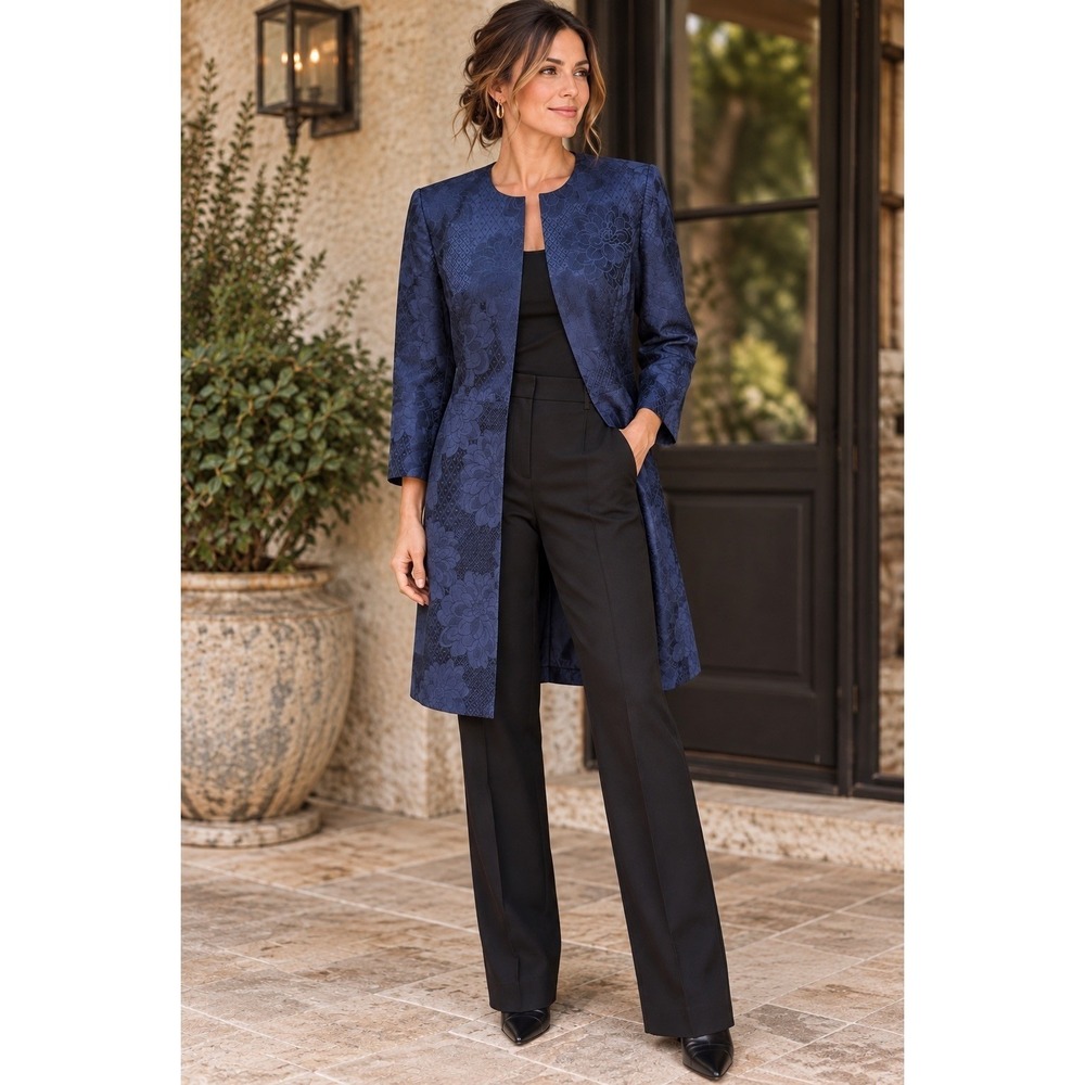 Talbots Navy Floral Brocade Jacket Collarless Duster Wedding Evening XS/S
